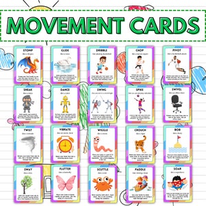 May include: A set of 20 colorful movement cards featuring illustrations of animals and objects. Each card has a movement instruction, such as "Stomp like a dragon" or "Glide like a swan", and a corresponding image.