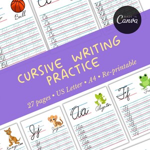 May include: A set of 27 printable cursive writing practice worksheets featuring various animals and the alphabet. Each worksheet includes a colourful illustration of an animal and the corresponding letter of the alphabet. The worksheets are designed for US Letter and A4 paper sizes.