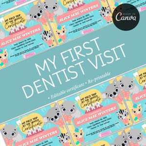 Certificado de primeira visita ao dentista | Prêmio Milestone infantil editável | Certificado odontológico para impressão para crianças | Lembrança de Milestone para bebê |