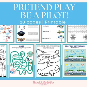 Puede incluir: Un conjunto de actividades imprimibles con temática de piloto. Las páginas incluyen un laberinto, una búsqueda de palabras y páginas para colorear de aviones, helicópteros y accesorios de piloto. El texto "PRETEND PLAY BE A PILOT!" está en la parte superior.