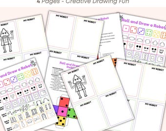May include: A collection of white paper sheets with the text "Roll & Draw a Robot" and "My Robot". The sheets include instructions, dice templates, and robot drawing guides. The image features a creative drawing game for kids.