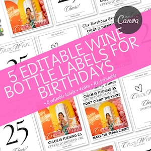 Birthday Wine Bottle Labels | 4x5in size | Five Editable Templates for Parties | Newspaper Style Wine Bottle Label | DIY Wine Labels |