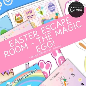 Pode incluir: Uma coleção de jogos e atividades imprimíveis com o tema da Páscoa. O título "Easter Escape Room - The Magic Egg!" é exibido em uma faixa rosa. Inclui ilustrações coloridas de ovos de Páscoa, coelhos e flores. O texto "48 páginas de diversão de Páscoa" também é visível.