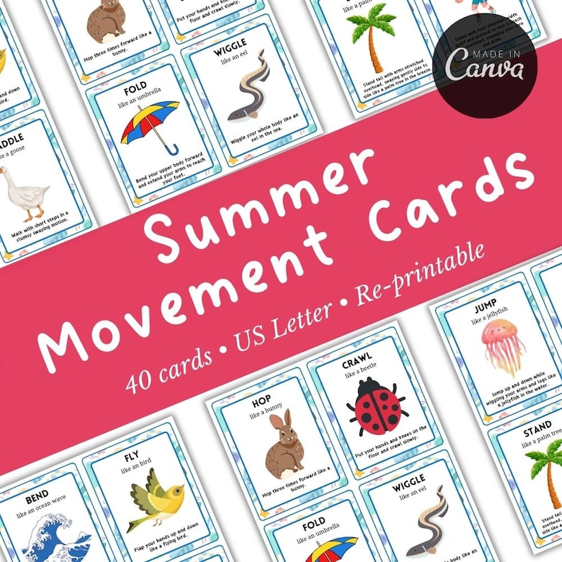 May include: A set of 40 printable summer movement cards featuring colourful illustrations of animals and objects. Each card has a movement instruction, such as "hop like a bunny" or "wiggle like an eel".