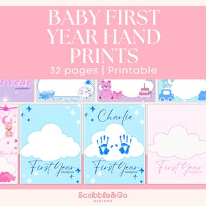 Puede incluir: Un libro de recuerdos de huellas de manos del primer año del bebé con una combinación de colores rosa y azul. La portada dice "Baby First Year Hand Prints" e incluye 32 páginas. El diseño presenta formas de nubes, estrellas y el nombre "Charlie" con huellas de manos.