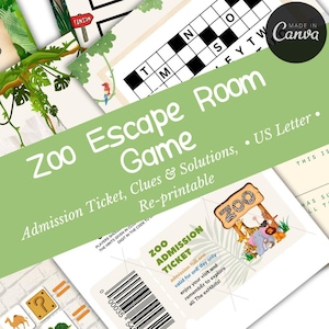 Puede incluir: Un juego imprimible verde y blanco titulado "Zoo Escape Room Game" con una entrada, pistas y soluciones. El juego está diseñado para papel tamaño US Letter.