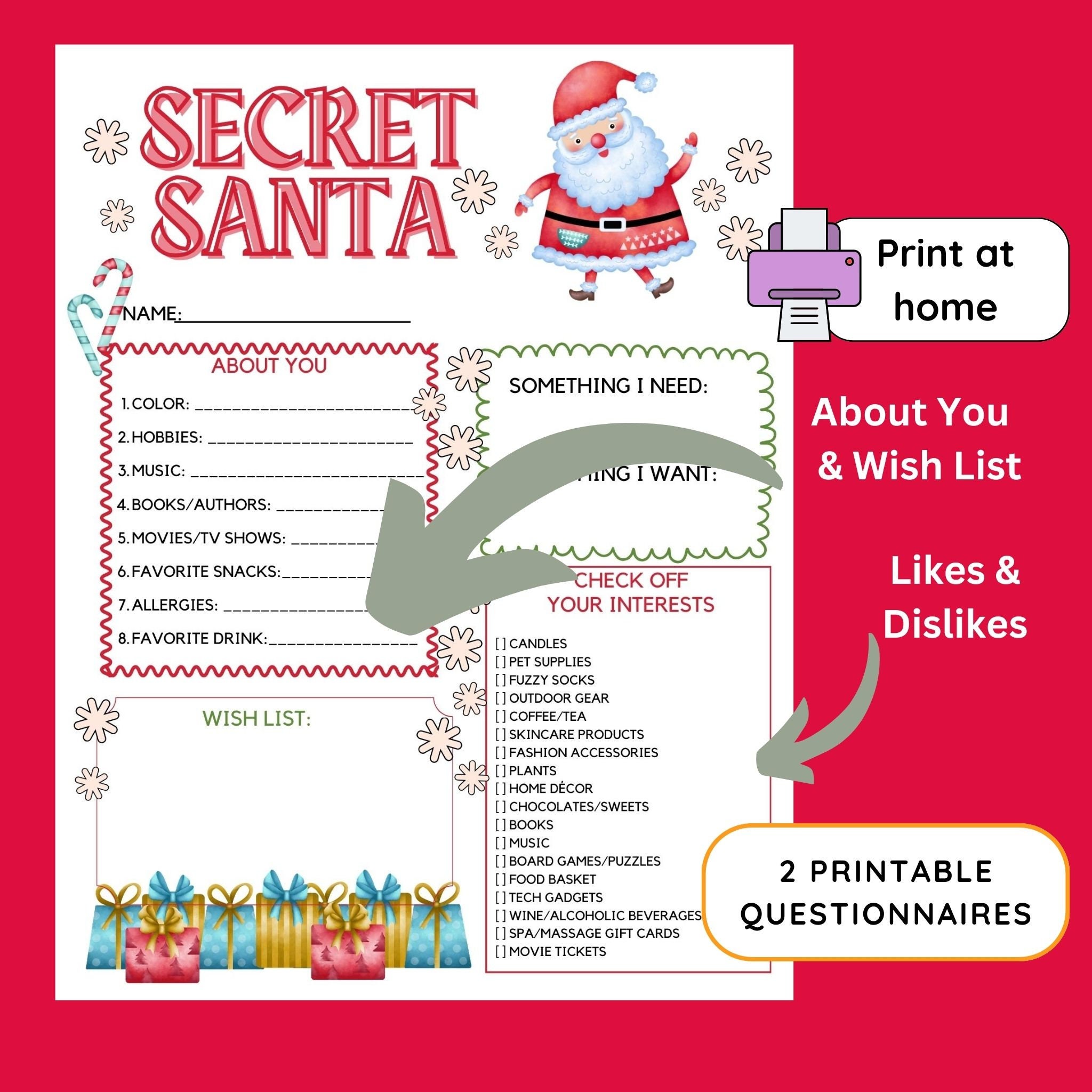 Secret Santa Questionnaire Printable Secret Santa Kris Kringle for
