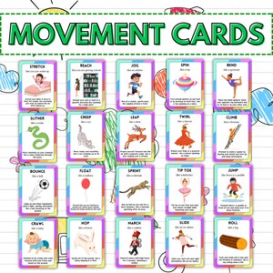 May include: A set of 20 colorful movement cards featuring illustrations of different animals and activities. Each card has a title and instructions for a movement exercise, such as "Stretch like you just woke up" or "Hop like a bunny".