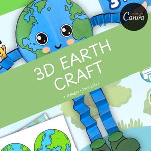 Puede incluir: Una manualidad de la Tierra en 3D imprimible para niños. La manualidad presenta una Tierra azul y verde con una cara sonriente, brazos y piernas. El texto "3D Earth Craft" está escrito en blanco sobre un fondo verde. El texto "3 pages - Printable" está escrito en negro sobre un fondo blanco.