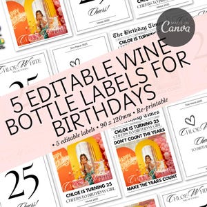 Birthday Wine Bottle Labels | 90 x 120MM size | Five Editable Templates for Parties | Newspaper Style Wine Bottle Label | DIY Wine Labels |