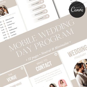 Mobiel trouwprogramma | Bewerkbare bruiloftstijdlijn | Aangepast reisschema voor trouwdag | Gastinformatie | Trouwprogramma | Beige en wit |