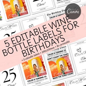 Birthday Wine Bottle Labels | 100x150mm size | Five Editable Templates for Parties | Newspaper Style Wine Bottle Label | DIY Wine Labels |