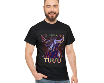 May include: A black t-shirt with a colorful graphic of a bull's head with the text "Taurus" and "TUUUU" in a retro style.