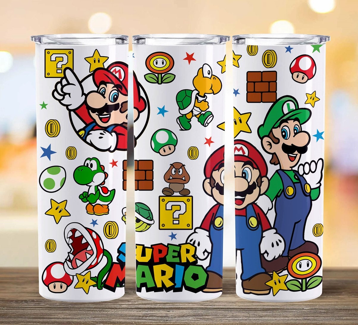 Video Games Inspired Skinny Tumbler Cup 20 Oz. Super Mario PS4 Wii