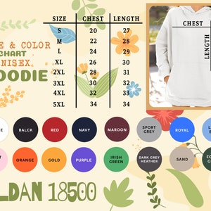May include: A white unisex hoodie with a size and color chart. The chart lists chest and length measurements in inches, ranging from 20 to 34 inches. Available colors include white, black, red, navy, maroon, sport grey, royal, and light blue.