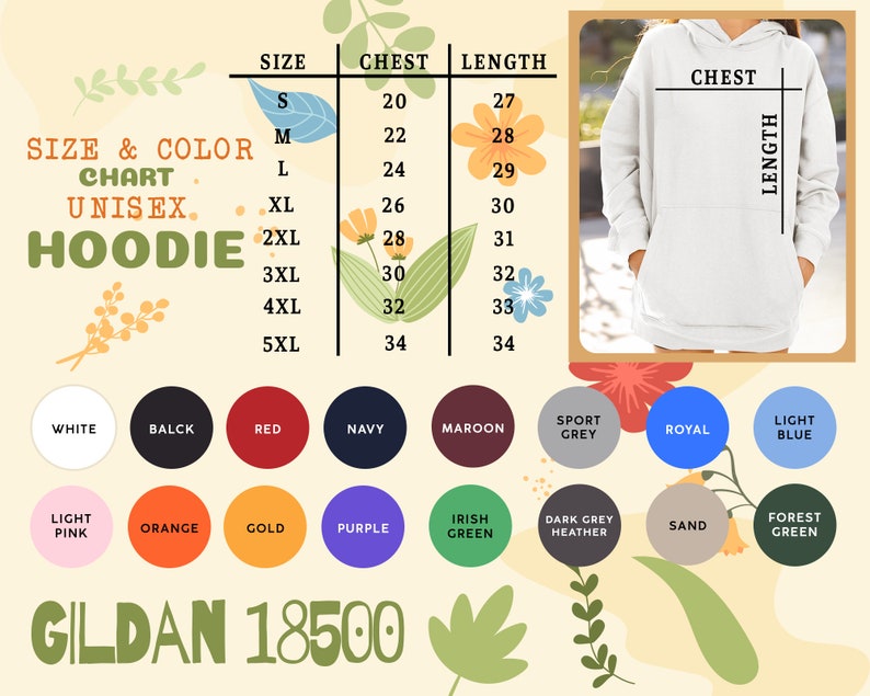 May include: A white unisex hoodie with a size and color chart. The chart lists chest and length measurements in inches, ranging from 20 to 34 inches. Available colors include white, black, red, navy, maroon, sport grey, royal, and light blue.