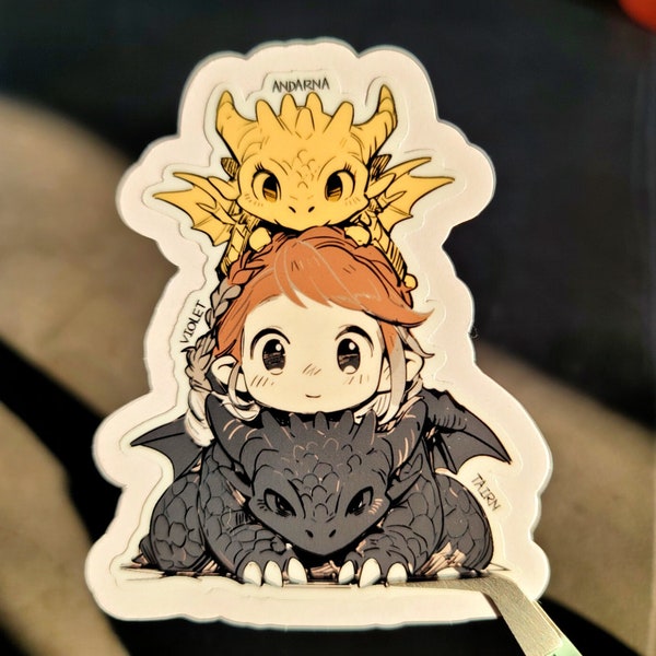 Pegatina de la Cuarta Ala: Tairn, Andarna, Violet - Chibi Dragon Art