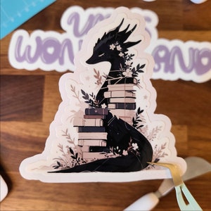 Book Dragon Fantasy Reader Sticker | Pretty Dragon with Flowers Book lover sticker