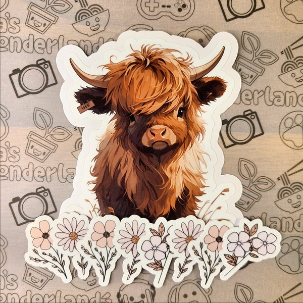 Beautiful Scottish Highland Cow Sticker | Flowers not included