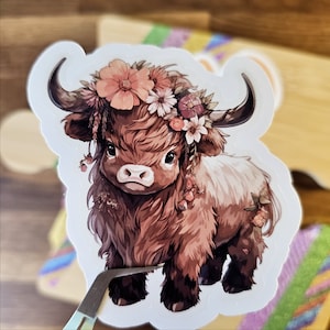 Scottish Highland Cow Sticker With Flowers Collection | 2 of 3