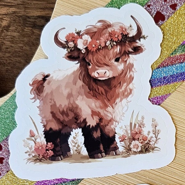 Scottish Highland Cow Sticker With Flowers Collection | 3 of 3