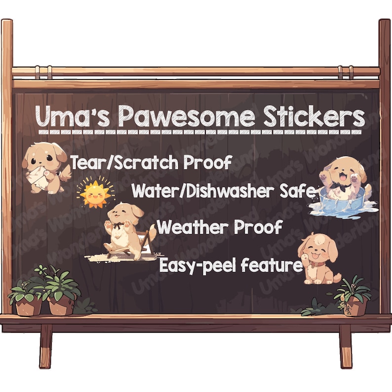 May include: A chalkboard sign advertising "Uma's Pawesome Stickers" with illustrations of cute dogs. The stickers are described as tear/scratch proof, water/dishwasher safe, weather proof, and easy-peel.