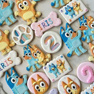 Bluey Sugar Organic Royal Icing Cookies Cartoon for Kids Set of 6 12 24 Party Fun Natural Cartoon Paw Patrol Desserts Any Color Theme Purple