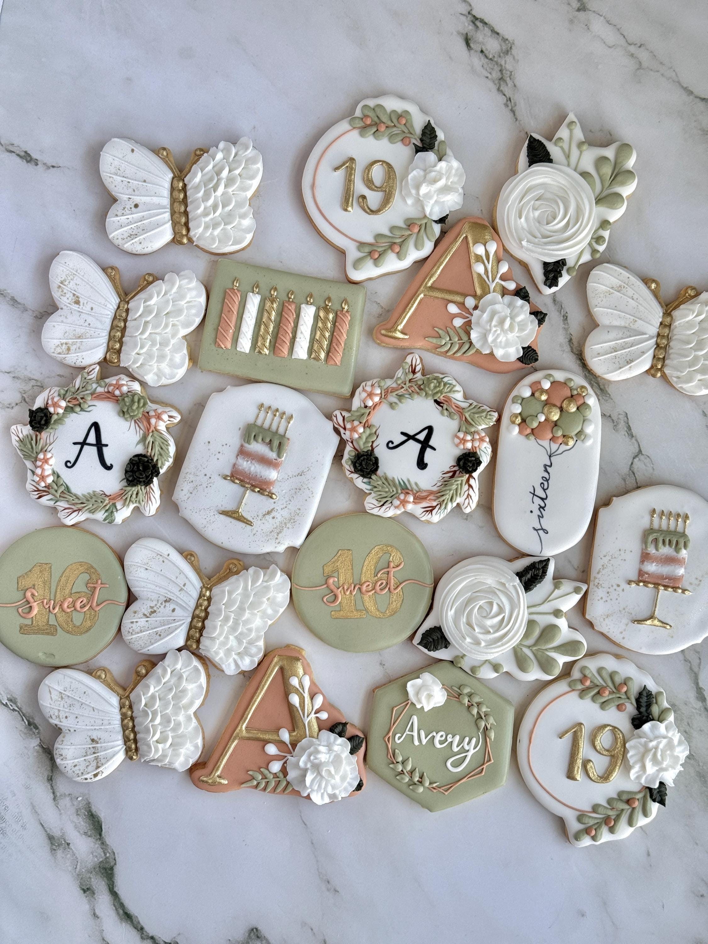 Floral Sweet 16 Sage Green Organic Royal Icing Cookies Birthday Party ...