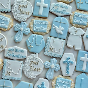 Boy Baptism Cookies – Personalized Cross & Rosary Sugar Cookies – Custom Religious Favors – Organic Royal Icing Set for Christening