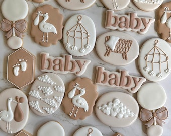Schattige ooievaars babykoekjes handgemaakt biologisch natuurlijk beige bruin douche liefde geboorte geboren bruids gunsten babyshower cadeaus sets royal icing pack