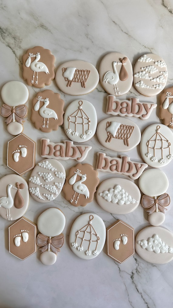 Cute Storks Baby Cookies Handmade Organic Natural Beige Brown Shower Love Birth born Bridal Favors Baby Shower Gifts Sets Royal Icing Pack