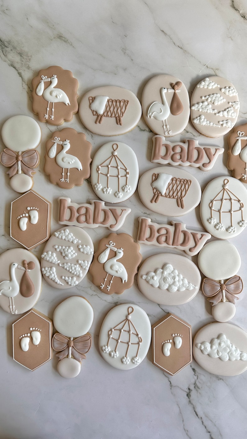 May include: A collection of 19 decorated sugar cookies with a baby shower theme. The cookies are decorated with brown and white icing and feature images of storks, baby mobiles, clouds, and the word "baby".