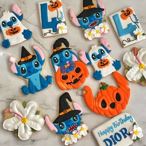 Custom Stitch Halloween Birthday Cookies – Organic Royal Icing Sugar Art – Lilo & Stitch Party Favors, Pumpkin Ghost Witch Hat, Spooky Aloha