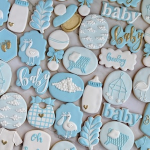 Storks Blue Baby Shower Sugar Cookies – Custom Royal Icing Cookies for Boys – Organic Baby Party Favors & Gifts – Personalized Cookie Set