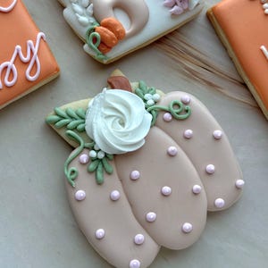 Assorted boho pumpkin baby shower sugar cookies decorated with pumpkins, baby onesie, baby bottle, rainbow, baby feet, “Little Pumpkin,” “Oh Baby,” “Baby Girl,” and “BABY” plaque in soft blush, sage, ivory, and pumpkin orange.