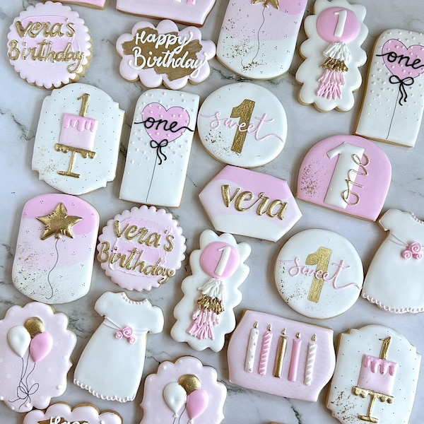 Baby Girl 1st Organic Royal Icing Cookies Birthday Party Girls Boys Kids Set 12 24 48 Party Balloon Natural Pink Pastel Neutral New Born One