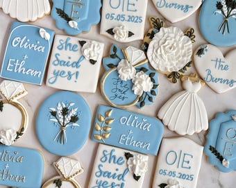 Galletas de azúcar azules para compromiso nupcial, hechas a mano, orgánicas, naturales, para aniversarios, bodas, regalos de novia, baby shower, conjuntos de regalos, paquete de glaseado real