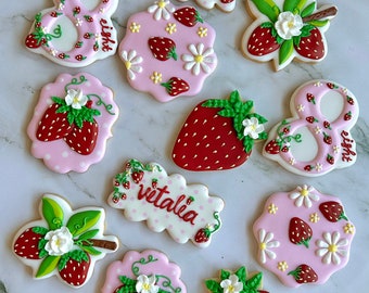 Strawberry Shortcake Sugar Cookies - Organic Royal Icing Cartoon Treats, Hand-Piped Berry Theme Birthday Party Favors n Fun Customize