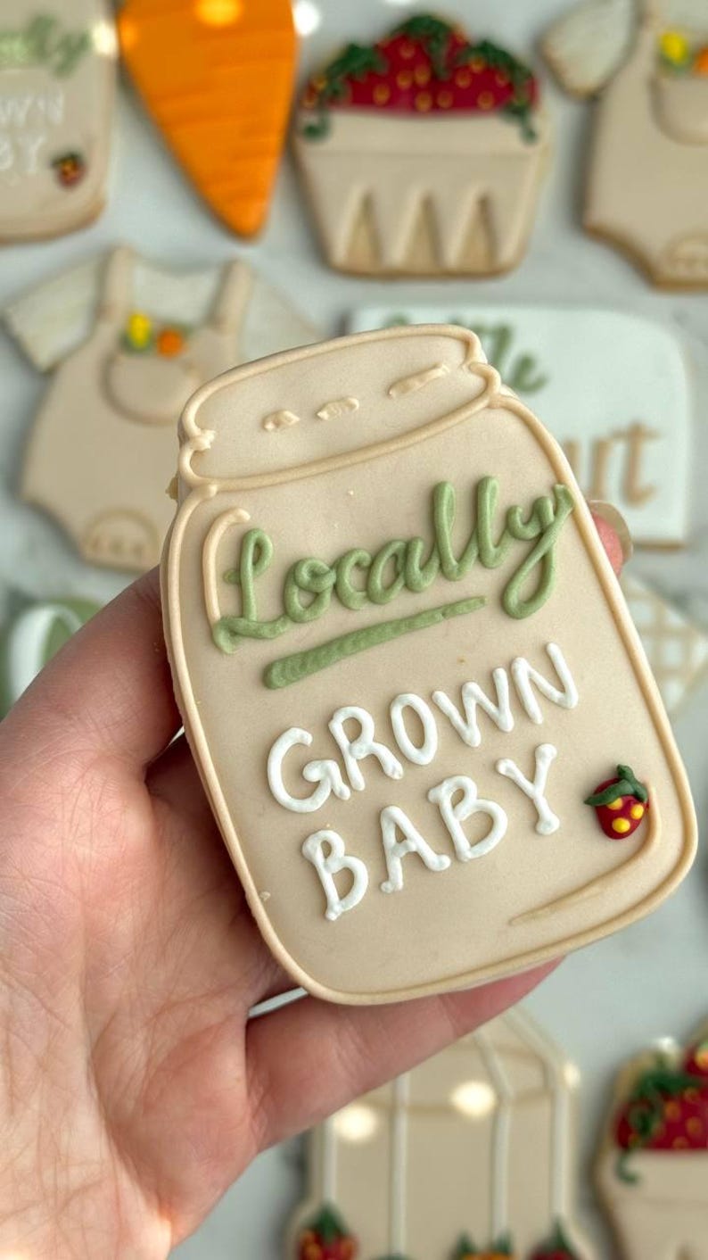 Farmers market-themed baby shower sugar cookies featuring hand-decorated designs like “little sprout,” baby onesies with vegetables, carrots, corn, strawberries, tomatoes, baby bottles, mason jars, leafy greens, and baby mobiles. Adorned with soft green, beige, orange, and red royal icing, these custom cookies are perfect for a “locally grown” or garden baby shower theme, gender-neutral celebrations, and personalized baby gifts.