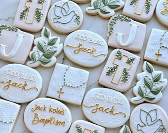 Sage Green Baptism Cookies – Personalized Organic Royal Icing Christening Favors | Communion Religious