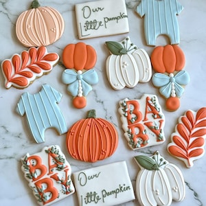 Fall Baby Shower Pumpkin Cookies – Organic Royal Icing Sugar Art – Autumn Baby Reveal, Our Little Pumpkin Favors Gender Neutral Party Treats