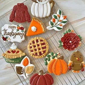 Luxury Fall & Thanksgiving Decorated Sugar Cookies – Organic Royal Icing – Pumpkins, Pies, Sweater, Flowers n Turkey – Customizable Gift Set