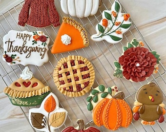 Fall & Thanksgiving Quality Decorated Sugar Cookies – Organic Royal Icing – Pumpkins, Pies, Sweater, Flowers Turkey – Customizable Gift Set