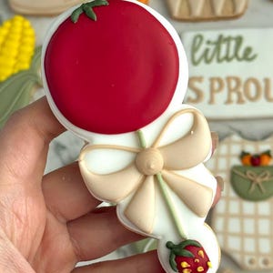 Farmers market-themed baby shower sugar cookies featuring hand-decorated designs like “little sprout,” baby onesies with vegetables, carrots, corn, strawberries, tomatoes, baby bottles, mason jars, leafy greens, and baby mobiles. Adorned with soft green, beige, orange, and red royal icing, these custom cookies are perfect for a “locally grown” or garden baby shower theme, gender-neutral celebrations, and personalized baby gifts.