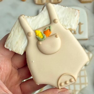 Farmers market-themed baby shower sugar cookies featuring hand-decorated designs like “little sprout,” baby onesies with vegetables, carrots, corn, strawberries, tomatoes, baby bottles, mason jars, leafy greens, and baby mobiles. Adorned with soft green, beige, orange, and red royal icing, these custom cookies are perfect for a “locally grown” or garden baby shower theme, gender-neutral celebrations, and personalized baby gifts.