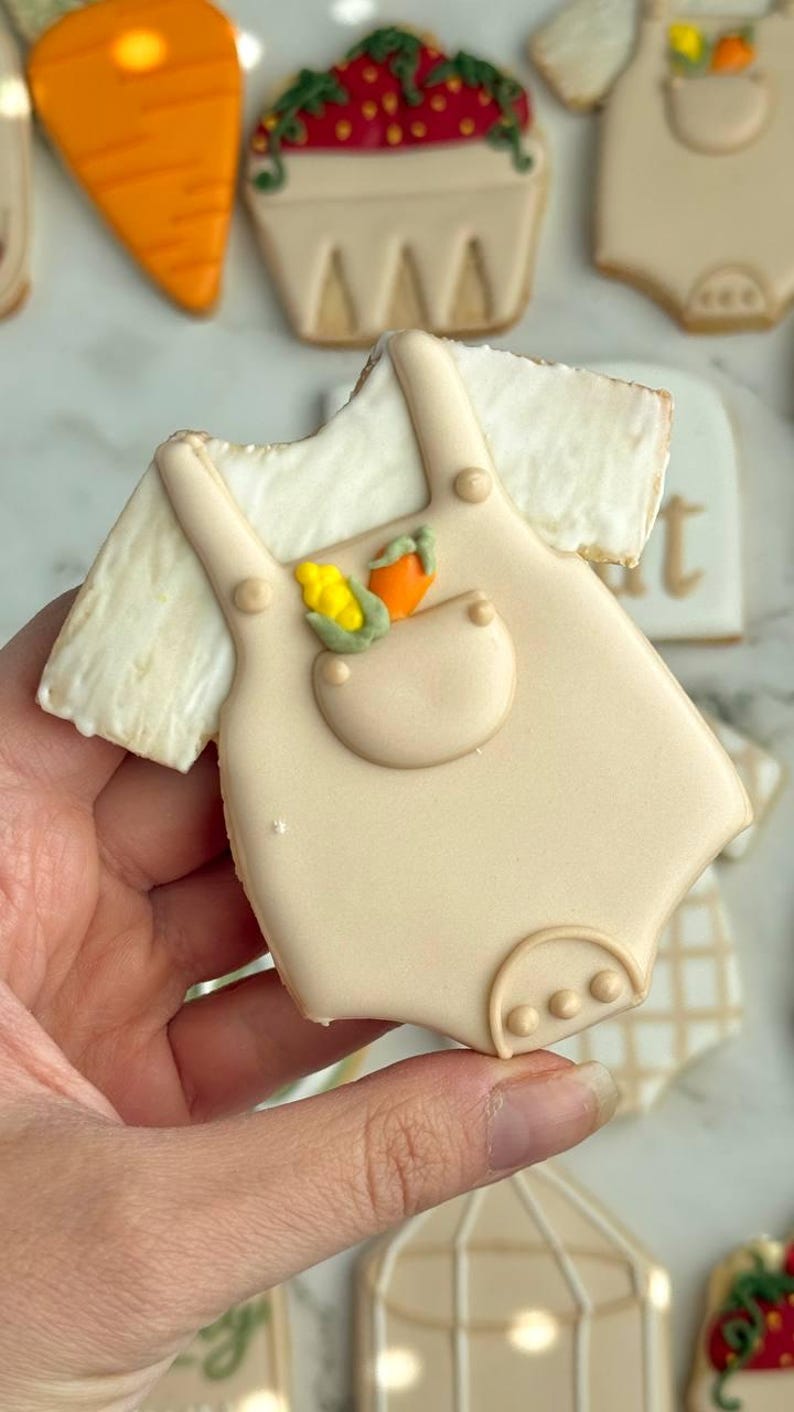 Farmers market-themed baby shower sugar cookies featuring hand-decorated designs like “little sprout,” baby onesies with vegetables, carrots, corn, strawberries, tomatoes, baby bottles, mason jars, leafy greens, and baby mobiles. Adorned with soft green, beige, orange, and red royal icing, these custom cookies are perfect for a “locally grown” or garden baby shower theme, gender-neutral celebrations, and personalized baby gifts.