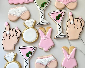 Bachelorette Party Cookies – Funny Bridal Shower Sugar Cookies – Martini Glass, Lingerie, Engagement Ring, Bride to Be, I Do – Custom Sets