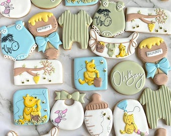 Winnie de Poeh-bosthema Babyshower verjaardagskoekjes – aangepaste suikerkoekjes met big, Hunny Pots n More – geslacht en schattig!