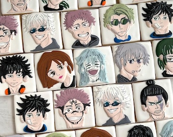 Custom Anime Sorcerer Cookies • Hand-Drawn Character Face Set • Pink-Haired Hero, Blindfolded Mentor, GreenHaired Genius • Anime Party Treat