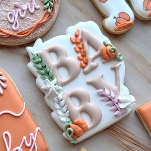 Assorted boho pumpkin baby shower sugar cookies decorated with pumpkins, baby onesie, baby bottle, rainbow, baby feet, “Little Pumpkin,” “Oh Baby,” “Baby Girl,” and “BABY” plaque in soft blush, sage, ivory, and pumpkin orange.